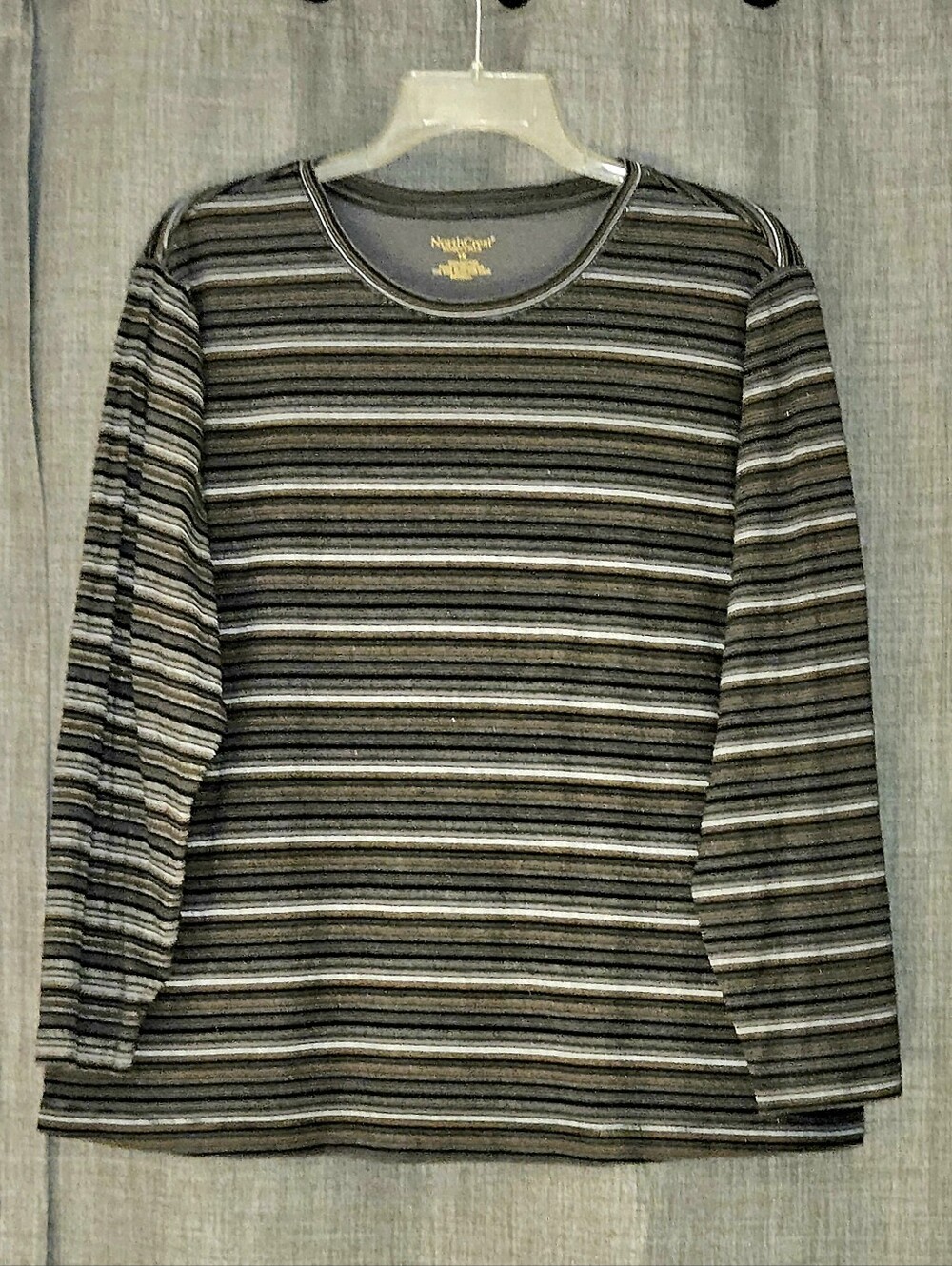 NorthCrest Women’s 3/4 Length Sleeve Striped Shirt - Gray, Tan, White, Sparkled